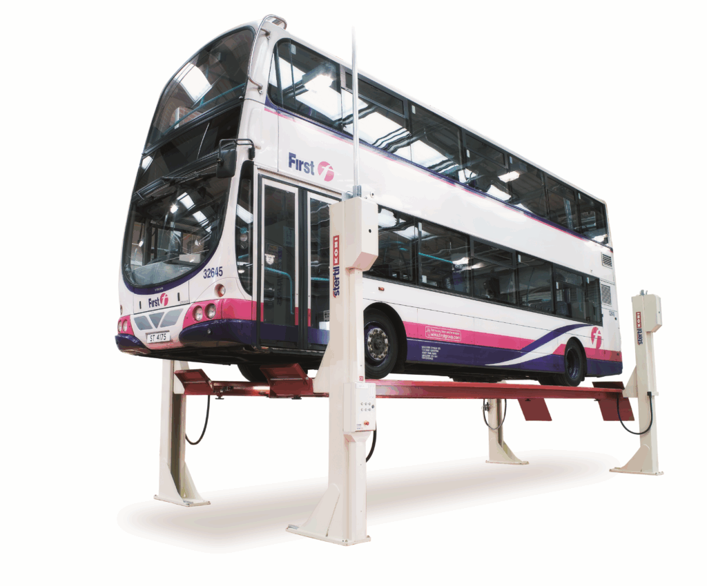 Stertil-Koni ST4250 ultra 4 post platform lift with a bus raised