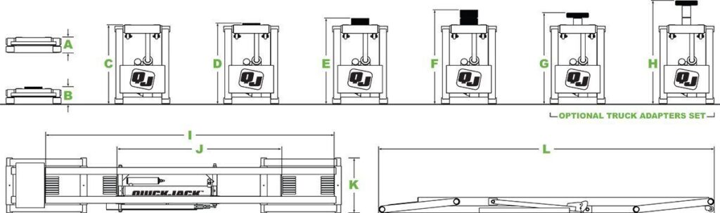 QuickJack specifications diagram showing lowered height, lifting heights, lift point spread, frame width and frame length reference points