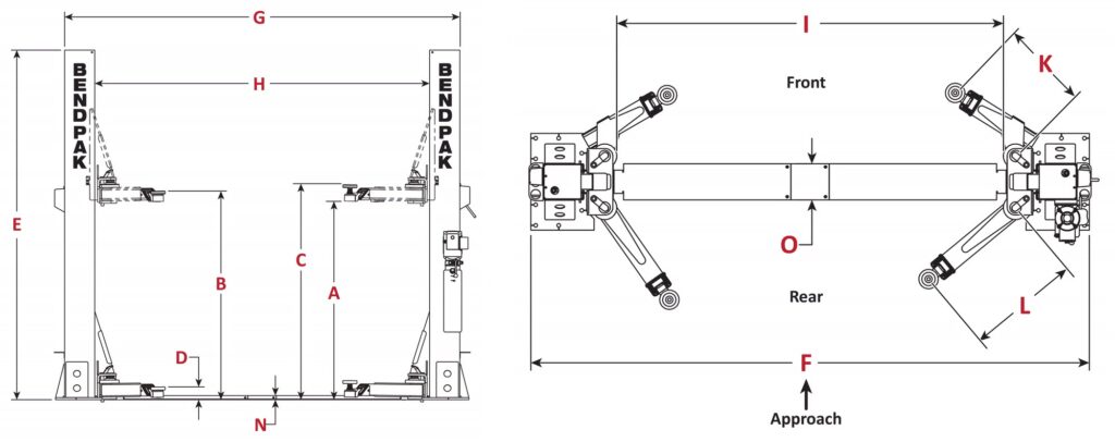 BendPak 9APF floorplate two post lift dimensions diagram, front view and top view