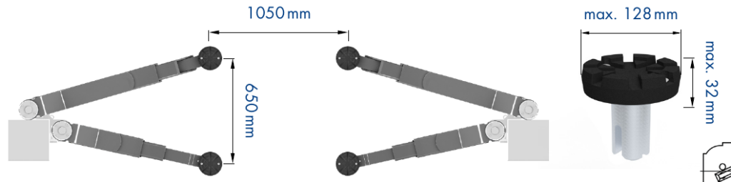 2-post lift pad spacing of 1,050 mm by 650 mm and pad size needed for the Nussbaum Universal Lifting Frame 1.25