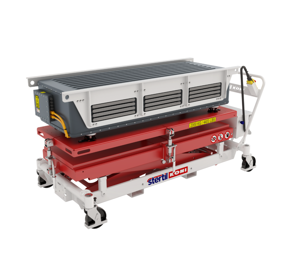Stertil-Koni HDLT-20 heavy duty EV battery lift table lowered with EV battery pack