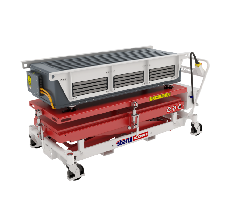 Stertil-Koni HDLT-20 heavy duty EV battery lift table lowered with EV battery pack